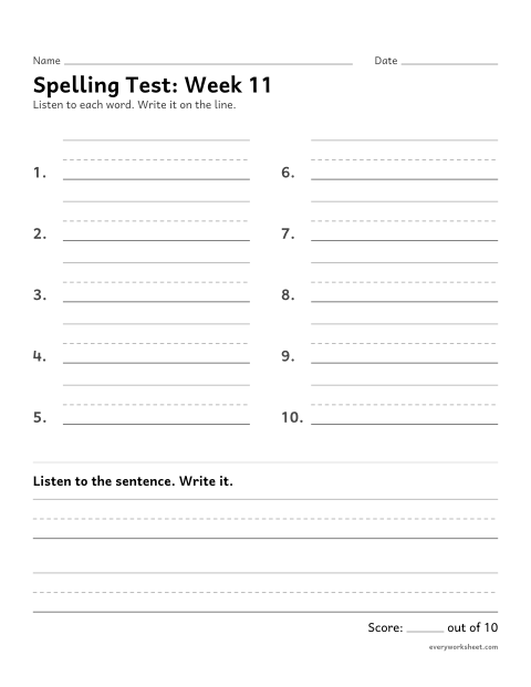 Preview of the printable “Spelling Test: week 11 (l-blends)” worksheet: spelling ten words and a sentence from dictation