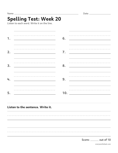 Preview of the printable “Spelling Test: week 20 (Long e: ee and ea)” worksheet: spelling ten words and a sentence from dictation