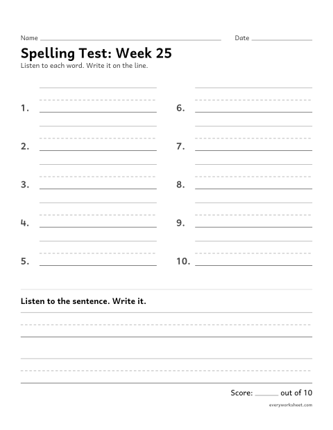 Preview of the printable “Spelling Test: week 25 (ar words)” worksheet: spelling ten words and a sentence from dictation
