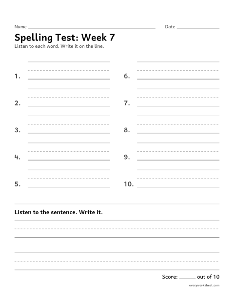 Preview of the printable “Spelling Test: week 7 (Double letters ff, ll, ss, zz)” worksheet: spelling ten words and a sentence from dictation