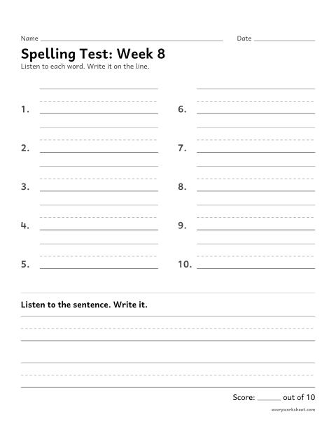 Preview of the printable “Spelling Test: week 8 (Words with sh)” worksheet: spelling ten words and a sentence from dictation