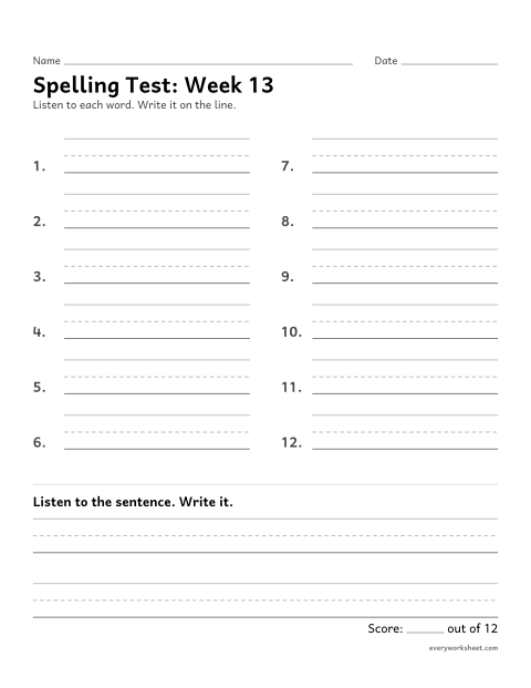Preview of the printable “Spelling Test: week 13 (oi and oy)” worksheet: spelling twelve words and a sentence from dictation