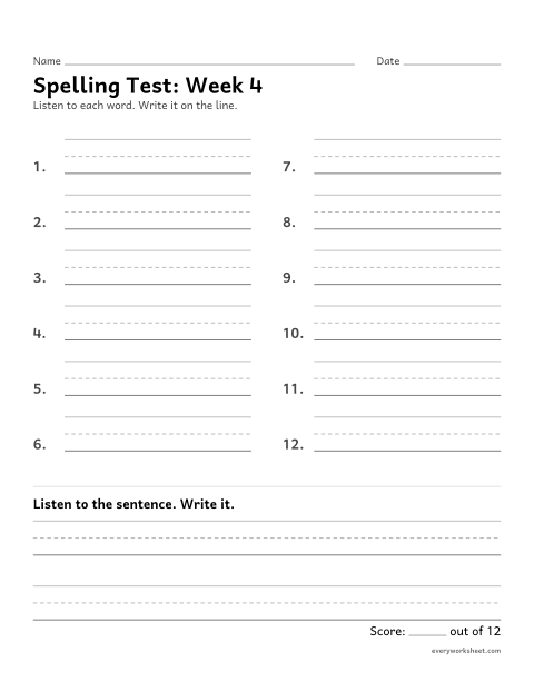 Preview of the printable “Spelling Test: week 4 (Silent e: a_e and i_e)” worksheet: spelling twelve words and a sentence from dictation