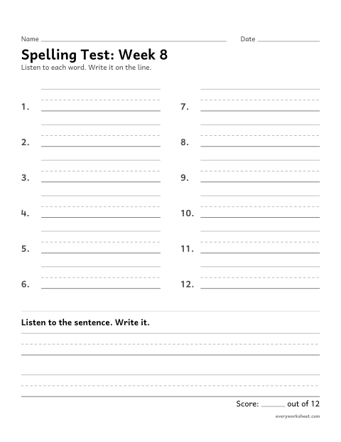 Preview of the printable “Spelling Test: week 8 (Long o: oa, ow and oe)” worksheet: spelling twelve words and a sentence from dictation