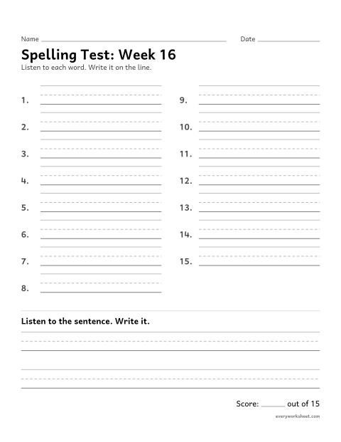 Preview of the printable “Spelling Test: week 16 (Silent letters: kn, wr, gn, mb)” worksheet: spelling fifteen words and a sentence from dictation