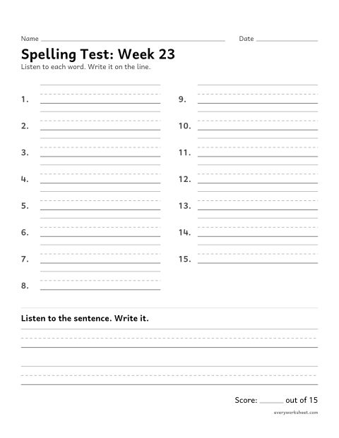 Preview of the printable “Spelling Test: week 23 (Suffixes -ness and -ment)” worksheet: spelling fifteen words and a sentence from dictation