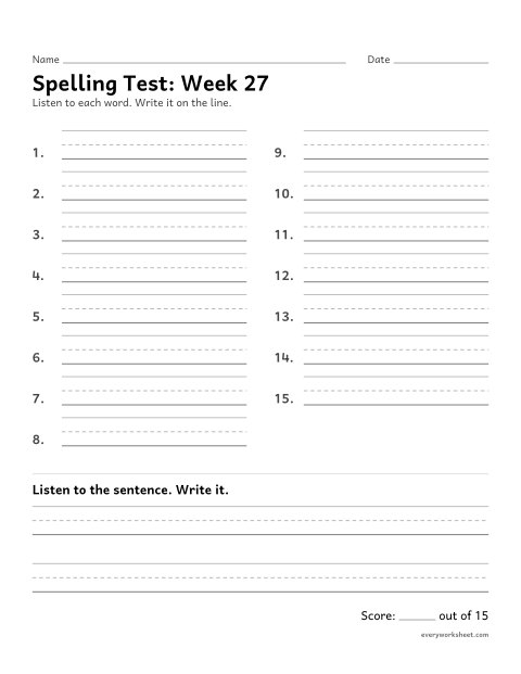 Preview of the printable “Spelling Test: week 27 (Endings -ture and -sure)” worksheet: spelling fifteen words and a sentence from dictation
