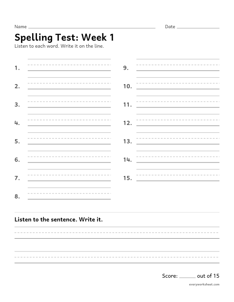 Preview of the printable “Spelling Test: week 1 (Closed syllables)” worksheet: spelling fifteen words and a sentence from dictation