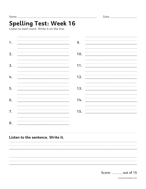 Preview of the printable “Spelling Test: week 16 (Prefixes in-, im-, il- and ir-)” worksheet: spelling fifteen words and a sentence from dictation