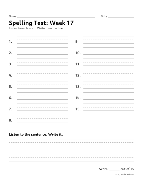 Preview of the printable “Spelling Test: week 17 (Prefixes inter-, trans-, super- and semi-)” worksheet: spelling fifteen words and a sentence from dictation