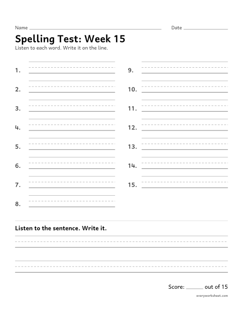 Preview of the printable “Spelling Test: week 15 (Suffixes -ency and -ancy)” worksheet: spelling fifteen words and a sentence from dictation