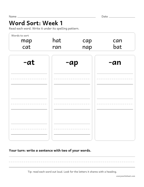 Preview of the printable “Word Sort: week 1 (Short a)” worksheet: sorting spelling words by pattern: -at, -ap, -an