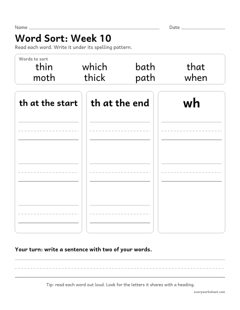 Preview of the printable “Word Sort: week 10 (Words with th and wh)” worksheet: sorting spelling words by pattern: th at the start, th at the end, wh