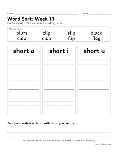 Preview of the printable “Word Sort: week 11 (l-blends)” worksheet: sorting spelling words by pattern: short a, short i, short u