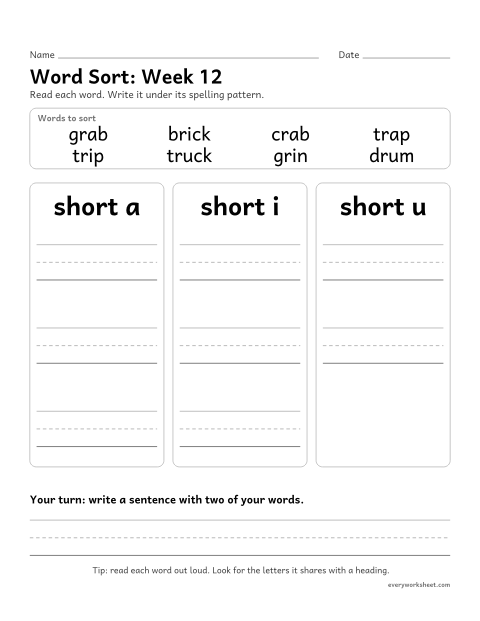Preview of the printable “Word Sort: week 12 (r-blends)” worksheet: sorting spelling words by pattern: short a, short i, short u