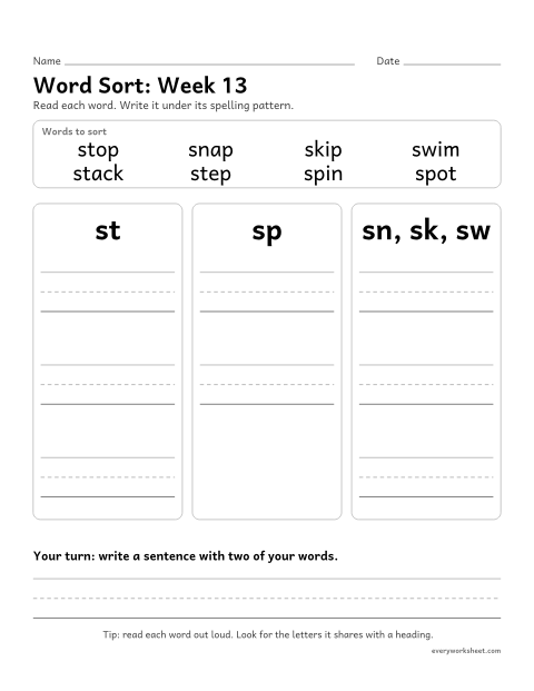 Preview of the printable “Word Sort: week 13 (s-blends)” worksheet: sorting spelling words by pattern: st, sp, sn, sk, sw