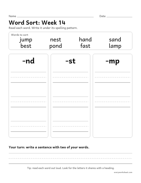 Preview of the printable “Word Sort: week 14 (Ending blends)” worksheet: sorting spelling words by pattern: -nd, -st, -mp