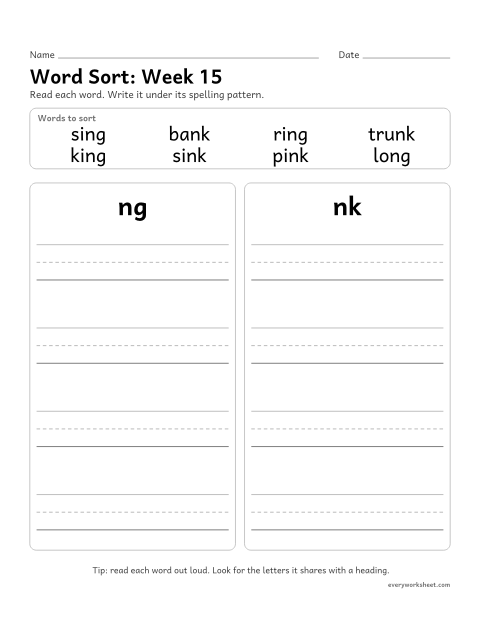 Preview of the printable “Word Sort: week 15 (Words with ng and nk)” worksheet: sorting spelling words by pattern: ng, nk