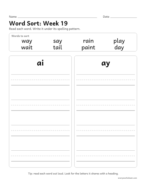 Preview of the printable “Word Sort: week 19 (Long a: ai and ay)” worksheet: sorting spelling words by pattern: ai, ay