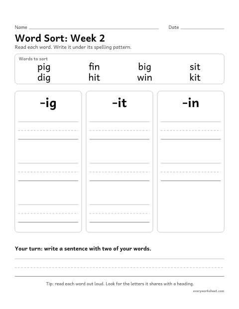 Preview of the printable “Word Sort: week 2 (Short i)” worksheet: sorting spelling words by pattern: -ig, -it, -in