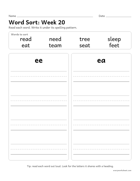 Preview of the printable “Word Sort: week 20 (Long e: ee and ea)” worksheet: sorting spelling words by pattern: ee, ea