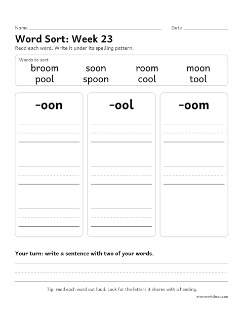 Preview of the printable “Word Sort: week 23 (oo as in moon)” worksheet: sorting spelling words by pattern: -oon, -ool, -oom