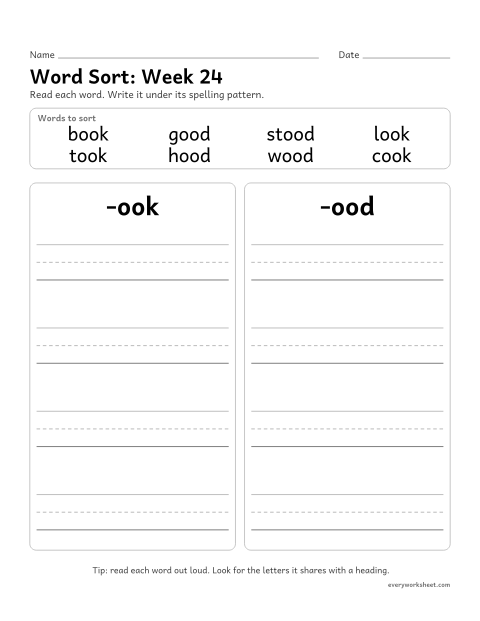 Preview of the printable “Word Sort: week 24 (oo as in book)” worksheet: sorting spelling words by pattern: -ook, -ood