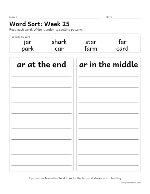 Preview of the printable “Word Sort: week 25 (ar words)” worksheet: sorting spelling words by pattern: ar at the end, ar in the middle