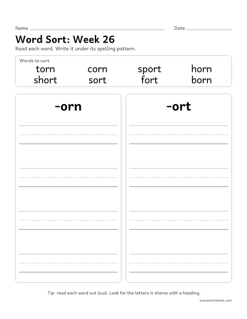 Preview of the printable “Word Sort: week 26 (or words)” worksheet: sorting spelling words by pattern: -orn, -ort