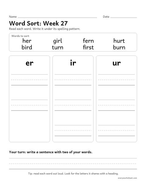 Preview of the printable “Word Sort: week 27 (er, ir and ur)” worksheet: sorting spelling words by pattern: er, ir, ur