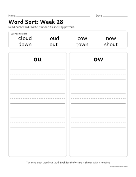 Preview of the printable “Word Sort: week 28 (ou and ow)” worksheet: sorting spelling words by pattern: ou, ow