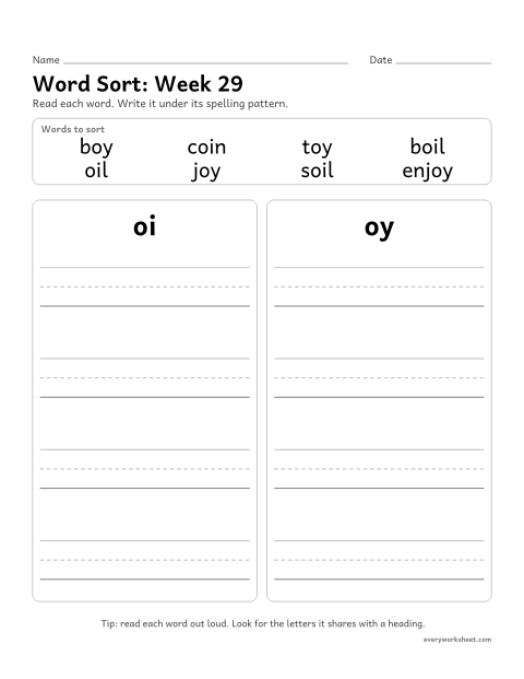 Preview of the printable “Word Sort: week 29 (oi and oy)” worksheet: sorting spelling words by pattern: oi, oy