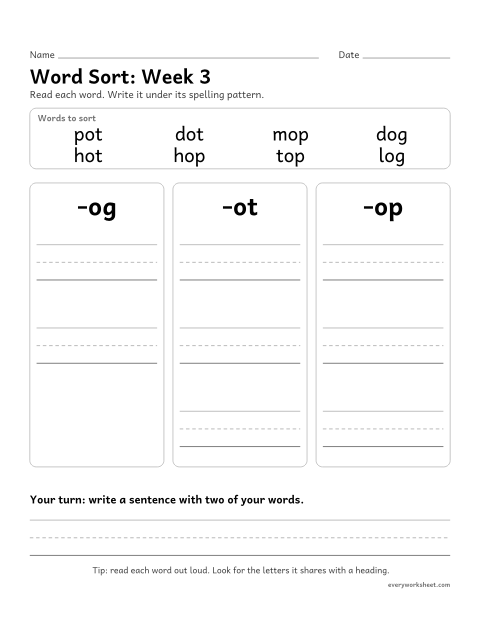 Preview of the printable “Word Sort: week 3 (Short o)” worksheet: sorting spelling words by pattern: -og, -ot, -op