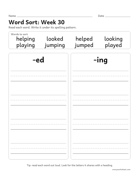 Preview of the printable “Word Sort: week 30 (Endings -ed and -ing)” worksheet: sorting spelling words by pattern: -ed, -ing