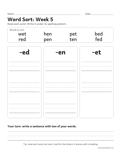 Preview of the printable “Word Sort: week 5 (Short e)” worksheet: sorting spelling words by pattern: -ed, -en, -et