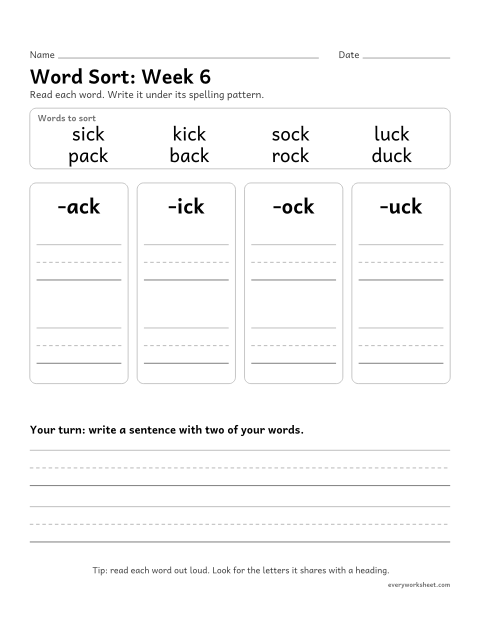 Preview of the printable “Word Sort: week 6 (Words with ck)” worksheet: sorting spelling words by pattern: -ack, -ick, -ock, -uck