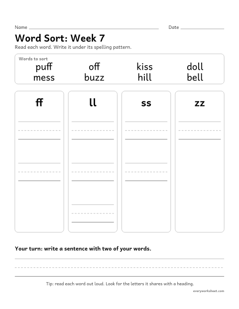 Preview of the printable “Word Sort: week 7 (Double letters ff, ll, ss, zz)” worksheet: sorting spelling words by pattern: ff, ll, ss, zz