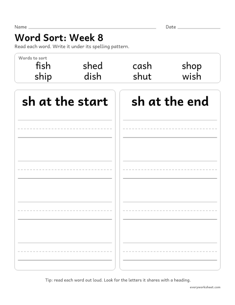 Preview of the printable “Word Sort: week 8 (Words with sh)” worksheet: sorting spelling words by pattern: sh at the start, sh at the end