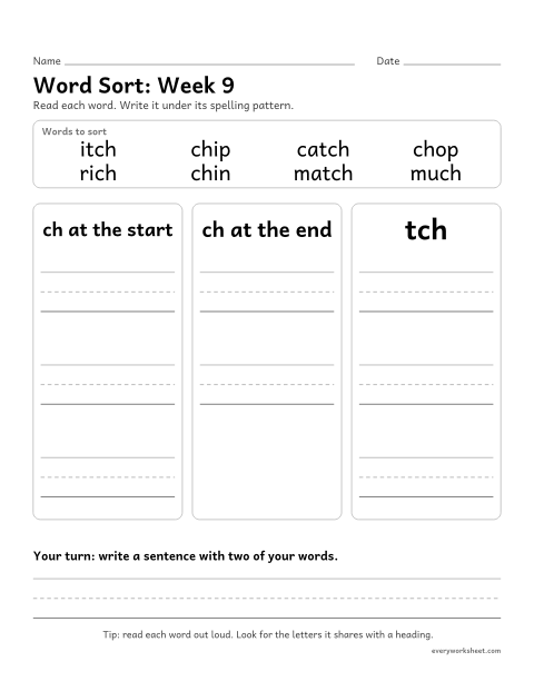 Preview of the printable “Word Sort: week 9 (Words with ch and tch)” worksheet: sorting spelling words by pattern: ch at the start, ch at the end, tch