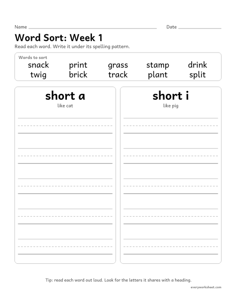 Preview of the printable “Word Sort: week 1 (Short a and short i)” worksheet: sorting spelling words by pattern: short a, short i
