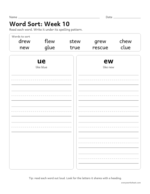 Preview of the printable “Word Sort: week 10 (ue and ew)” worksheet: sorting spelling words by pattern: ue, ew