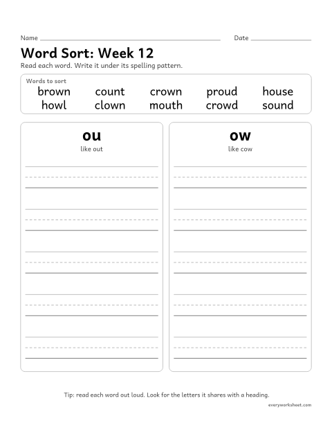 Preview of the printable “Word Sort: week 12 (ou and ow)” worksheet: sorting spelling words by pattern: ou, ow