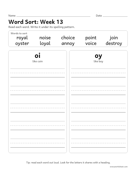 Preview of the printable “Word Sort: week 13 (oi and oy)” worksheet: sorting spelling words by pattern: oi, oy