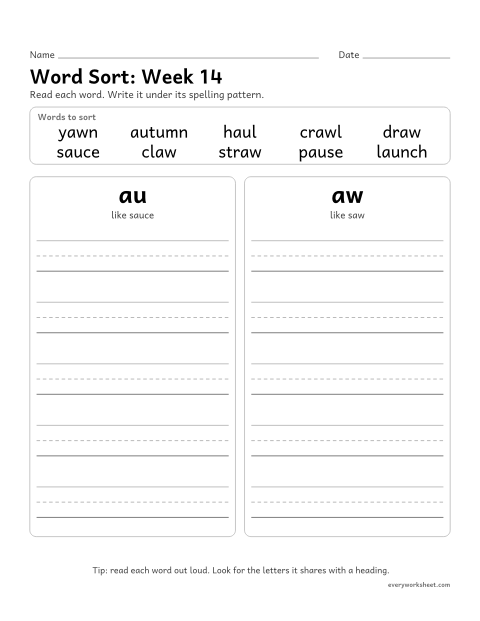 Preview of the printable “Word Sort: week 14 (au and aw)” worksheet: sorting spelling words by pattern: au, aw