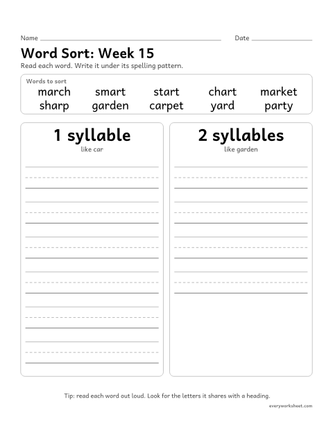 Preview of the printable “Word Sort: week 15 (ar words)” worksheet: sorting spelling words by pattern: 1 syllable, 2 syllables