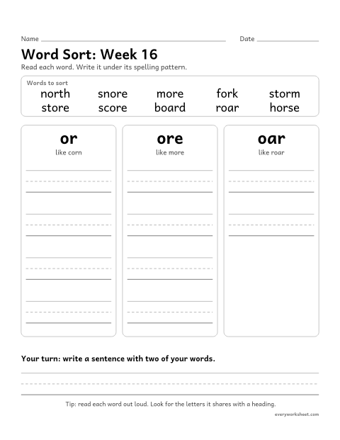 Preview of the printable “Word Sort: week 16 (or, ore and oar)” worksheet: sorting spelling words by pattern: or, ore, oar