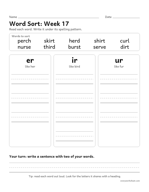 Preview of the printable “Word Sort: week 17 (er, ir and ur)” worksheet: sorting spelling words by pattern: er, ir, ur