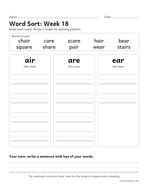 Preview of the printable “Word Sort: week 18 (air, are and ear)” worksheet: sorting spelling words by pattern: air, are, ear
