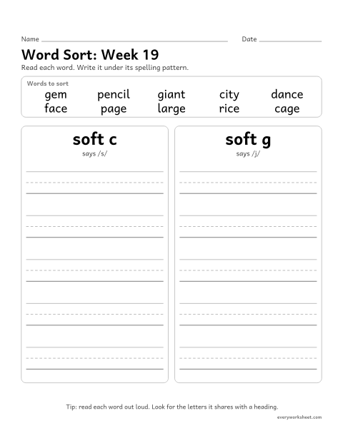 Preview of the printable “Word Sort: week 19 (Soft c and soft g)” worksheet: sorting spelling words by pattern: soft c, soft g