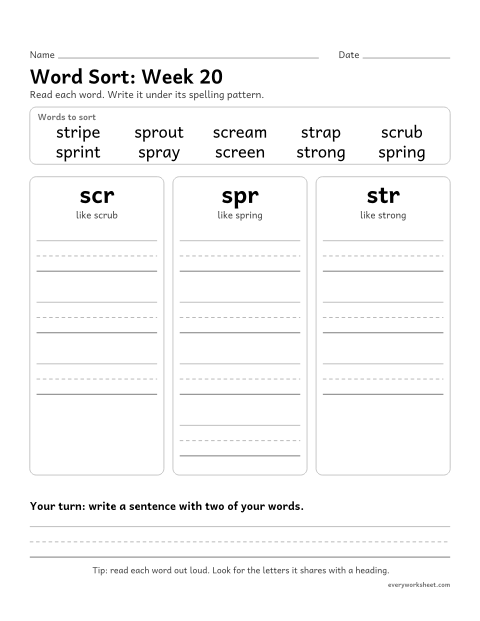 Preview of the printable “Word Sort: week 20 (Three-letter blends: scr, spr, str)” worksheet: sorting spelling words by pattern: scr, spr, str